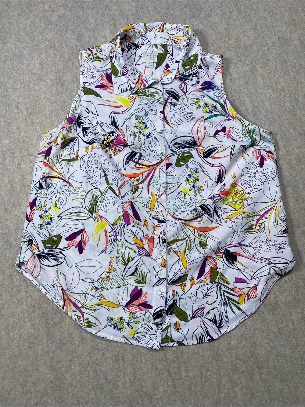 A New Day Tropical Floral Sleeveless Button Down Blouse Medium Resort Vacation